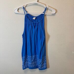 Old Navy Blue Smocked Neck Tank Top Women's Size Large Boho Pattern Trim